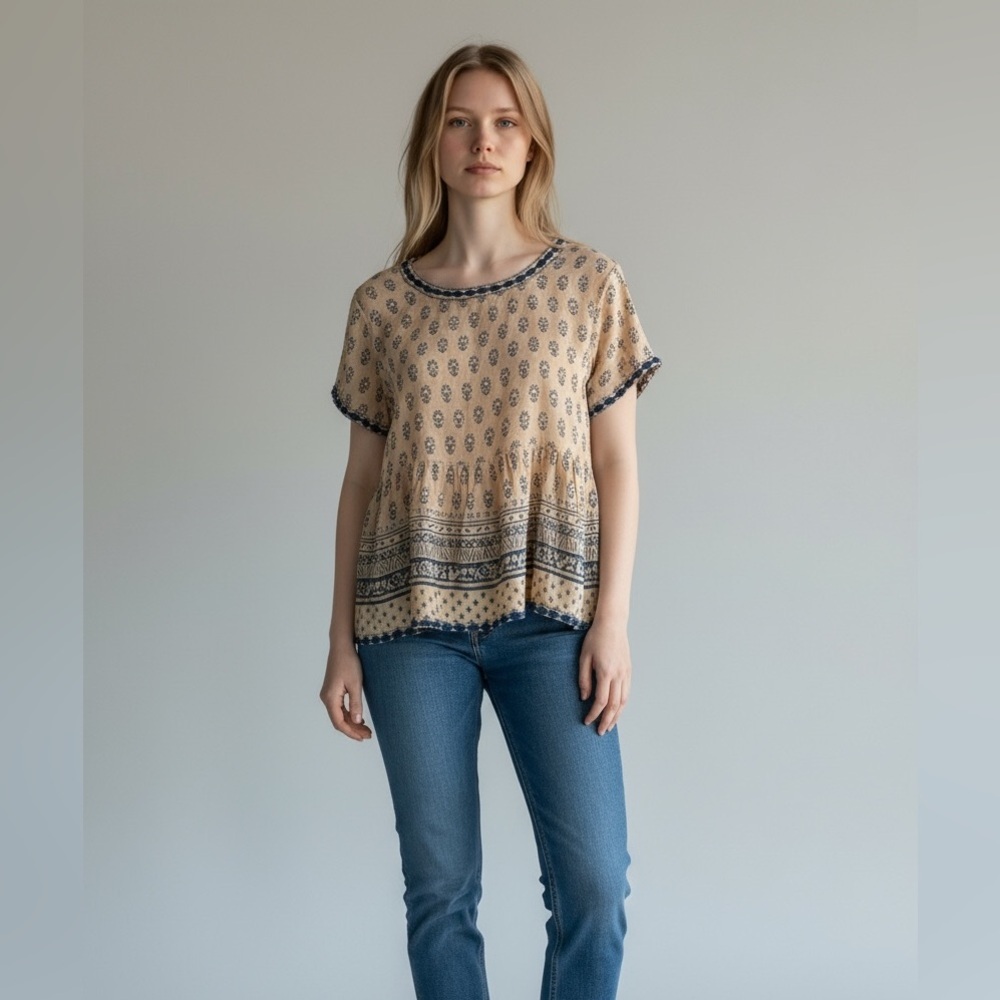 Sigrid Olson Beige Blue Country Print Doves & Floral Embroidery Trim Peplum Top